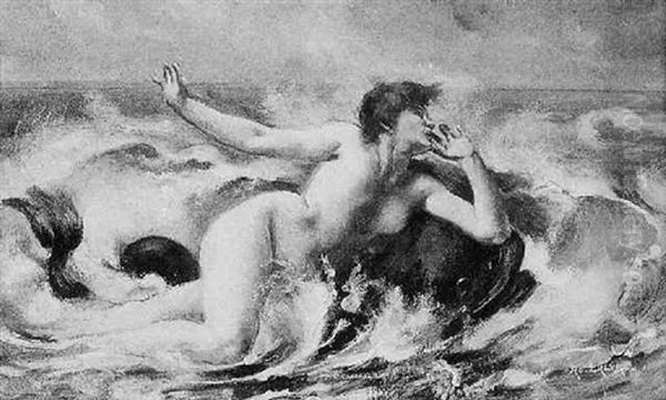 Naiade Et Dauphins Dans La Vague Oil Painting by Adolphe Lalire LaLyre