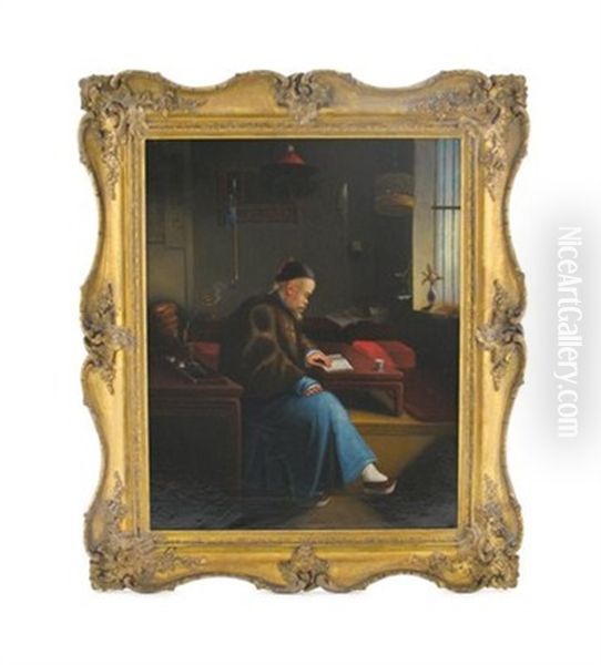 A Scholar Sitting And Reading In An Interior Oil Painting by  Lam Qua