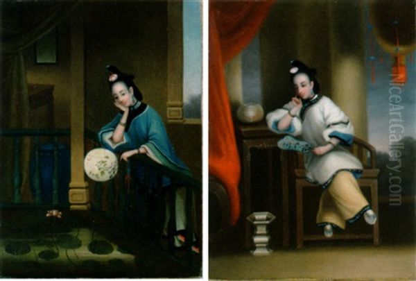 Interior With Elegant Chinese Lady Oil Painting by  Lam Qua