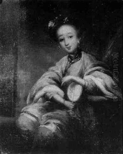 Portrait Of An Oriental Lady, Seated Half Length, Holding A Fan Oil Painting by  Lam Qua