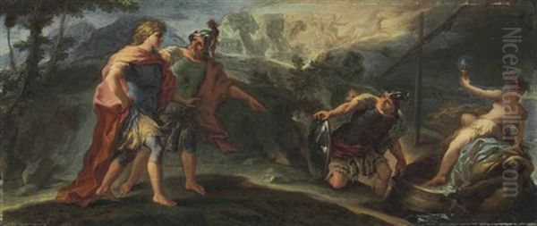 Rinaldo Called Back To Arms By Ubaldo And Carlo; Or Aeneas, Being Urged To Leave Carthage Oil Painting by Giovanni Battista Lama