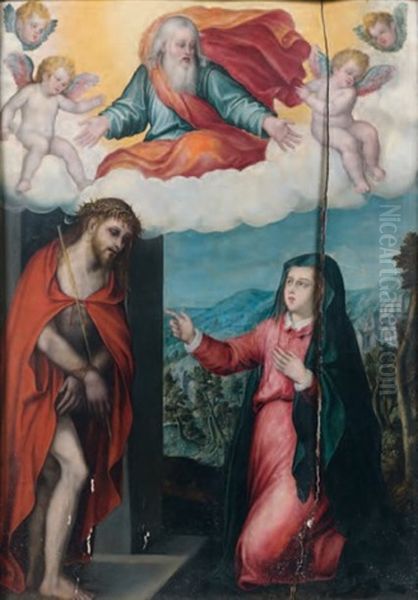 Le Christ Aux Liens Et Aux Roseaux, Visite Par La Vierge Marie Et Domine Par Dieu Le Pere Et Les Anges (in 2 Parts) Oil Painting by Giovanni Battista Lama