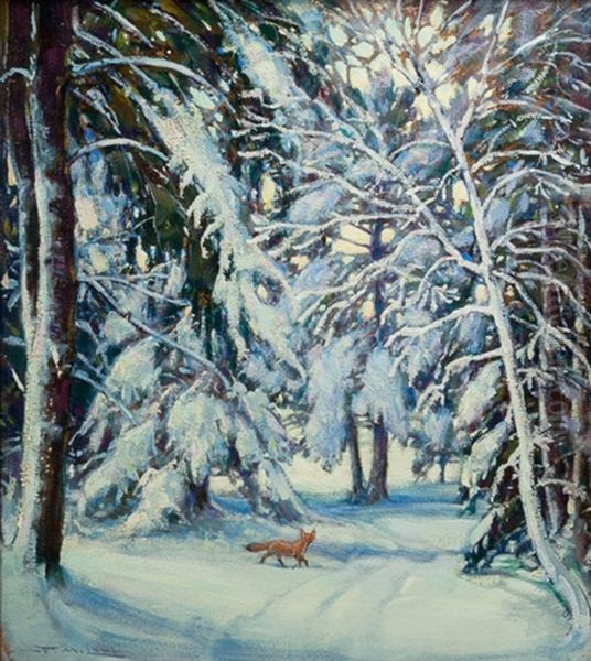 Fox In Snow Oil Painting by Frederick Mortimer Lamb