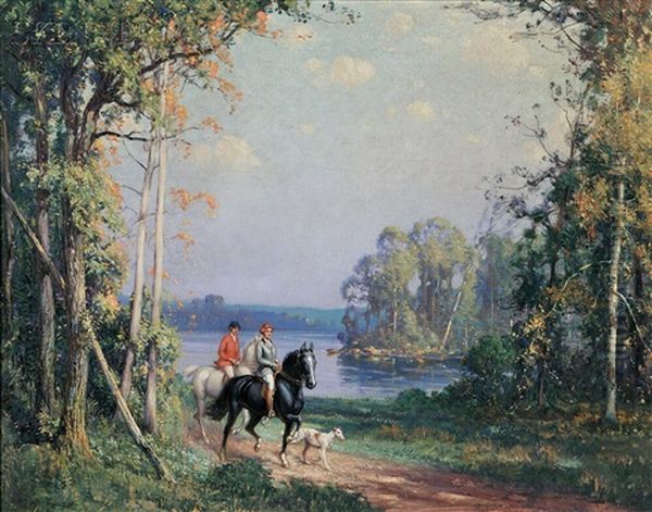 Two Women Equestrians In A Landscape Oil Painting by Frederick Mortimer Lamb