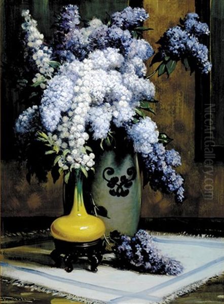 Wisteria And Chinese Porcelain Still Life Oil Painting by Frederick Mortimer Lamb