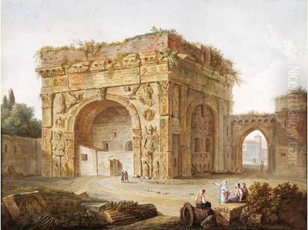 L'arc De Trajan A Tripoli Oil Painting by Rene-Louis-Maurice Beguyer De Chancourtois