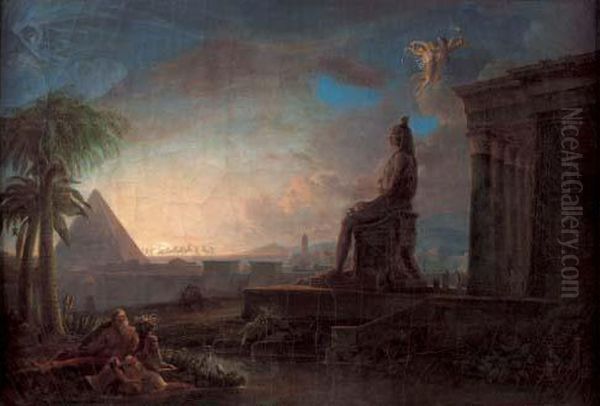 La Statue Colossale De Memmon, Fils De L'aurore, Qui Rendait Un Son Plaintif Au Moment Ou La Deesse Paraissait Sur L'horizon ; Mais Alors Lucifer, Autre Fils De L'aurore, L'entraine Vers Un Autre Hemisphere Oil Painting by Rene-Louis-Maurice Beguyer De Chancourtois