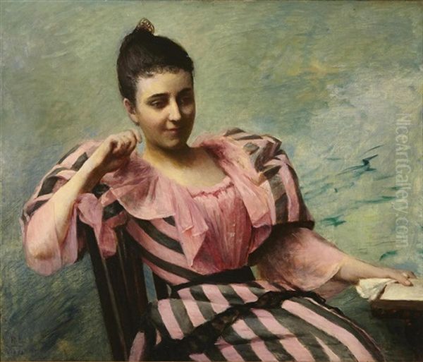 A Seated Woman In A Striped Dress Oil Painting by Rose Lamb