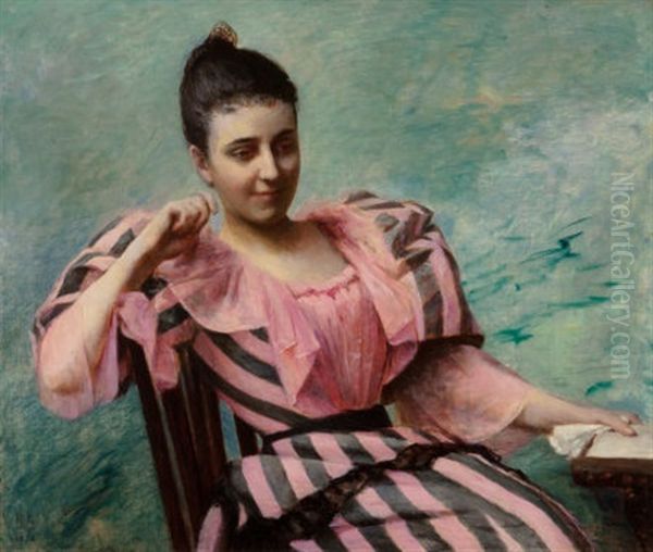 Lady In Striped Dress, 1892 Oil Painting by Rose Lamb