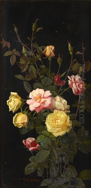 Cuttings Of Pink And Yellow Roses Oil Painting by George Cochran Lambdin