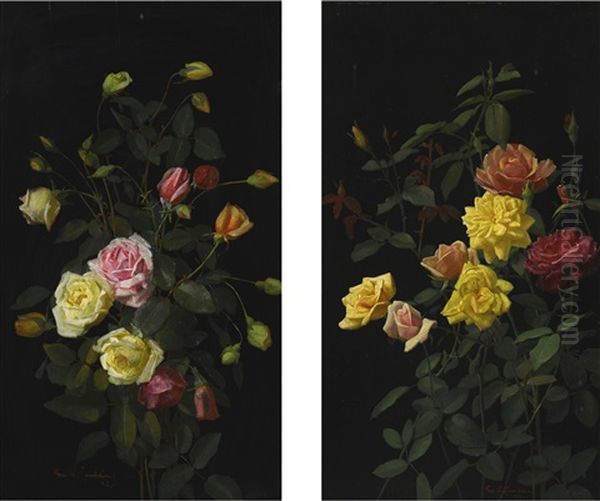 Roses And Pink And Yellow Roses (pair) Oil Painting by George Cochran Lambdin