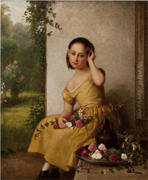 Girl In A Yellow Dress With Fresh Cut Flowers Oil Painting by George Cochran Lambdin