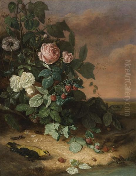 Still Life With Flowers, Berries And Wildlife Oil Painting by George Cochran Lambdin