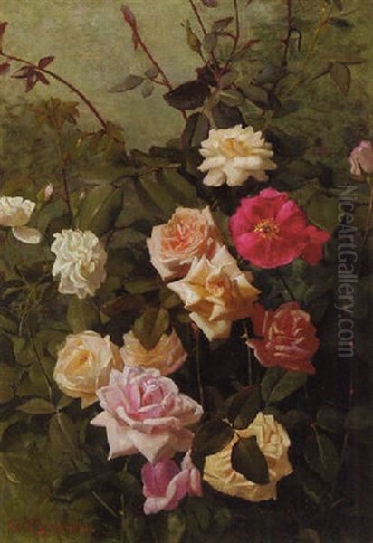 White, Pink, Yellow And Red Roses Oil Painting by George Cochran Lambdin