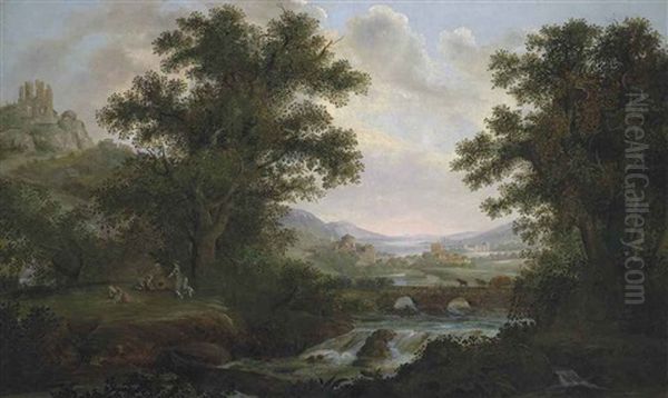 An Italianate River Landscape With Figures By A Campfire, Overlooked By Ruins On A Hilltop, Drovers Crossing A Bridge, A Town Beyond Oil Painting by James Lambert the Elder