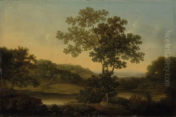 An Extensive Wooded River Landscape, With Figures Resting Beside A Track In The Foreground Oil Painting by James Lambert the Elder