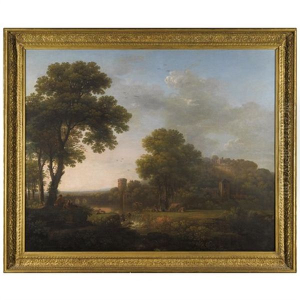 An Italianate Landscape With A Hilltop Castle And Figures Beside A Waterfall Oil Painting by James Lambert the Elder