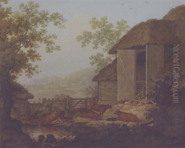 Cattle And Pigs Outside A Threshing Barn Oil Painting by James Lambert the Elder