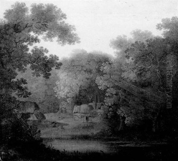 Cottage In A Wooded Autumn Landscape by James Lambert the Elder