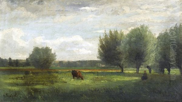 Wiesenlandschaft Mit Hirtin Und Kuh Oil Painting by Antoine Eugene Lambert