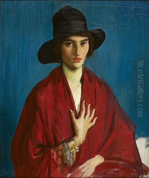 Woman In A Red Dress And Black Hat Oil Painting by George Washington Lambert