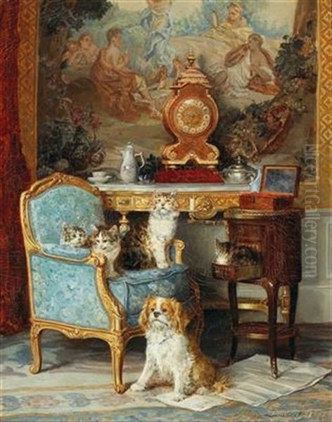 Family Of Cats And A Dog In The Salon Oil Painting by Louis Eugene Lambert