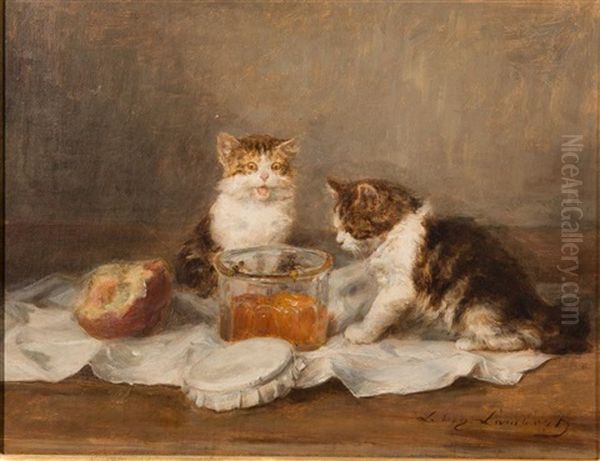 Kittens With A Jar Of Peach Preserve Oil Painting by Louis Eugene Lambert