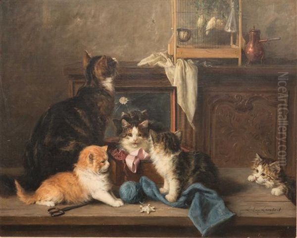 Cats Playing Oil Painting by Louis Eugene Lambert