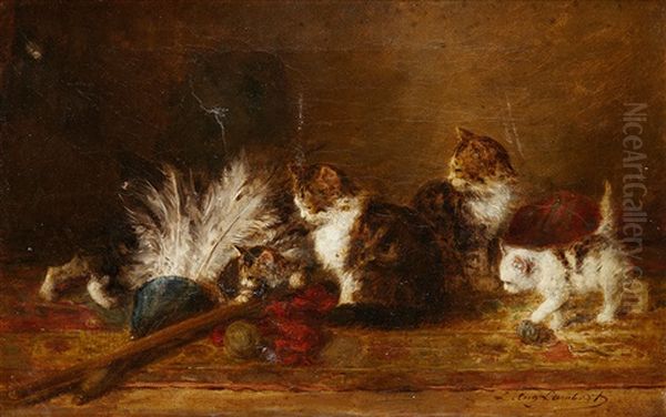 Chatons Jouant Avec Des Plumes Oil Painting by Louis Eugene Lambert