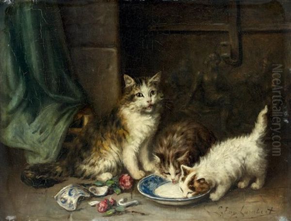 Chatte Et Ses Chatons Oil Painting by Louis Eugene Lambert