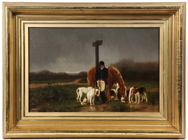 Hunter With Steed And Hounds Waiting At Roadsign Oil Painting by Louis Eugene Lambert