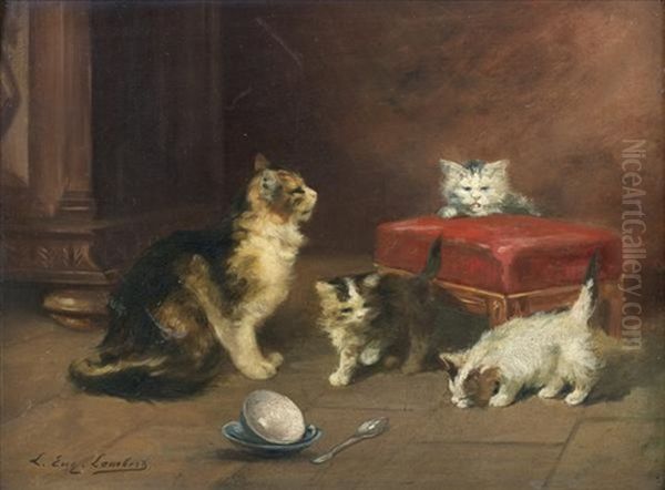 Chatte Et Ses Chatons Oil Painting by Louis Eugene Lambert