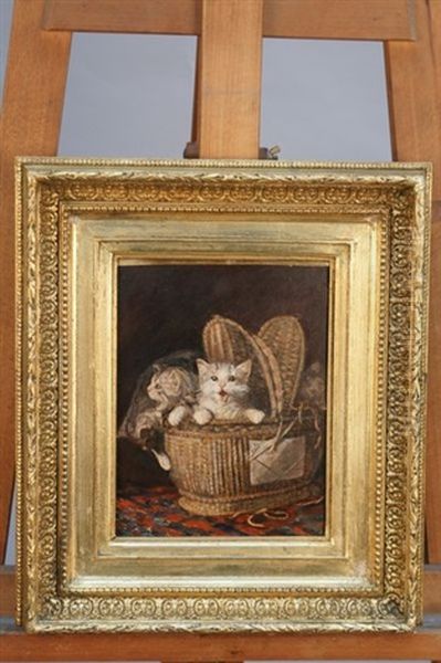 Portee De Chatons Sortant D'un Panier Oil Painting by Louis Eugene Lambert