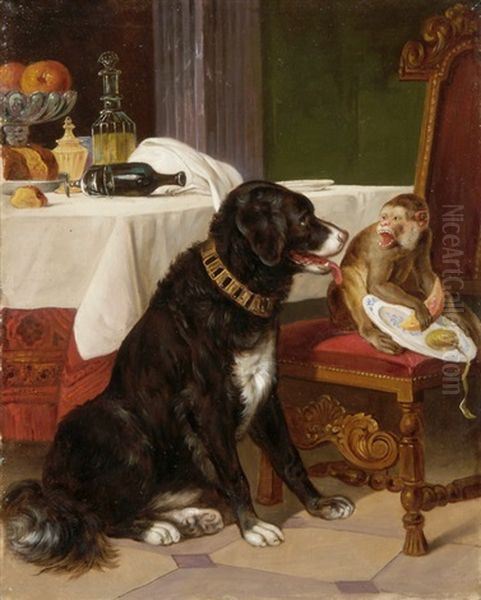 Hund Und Affchen Vor Gedecktem Tisch by Louis Eugene Lambert