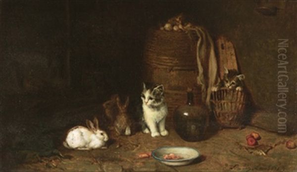 Katzchen Und Hasen Im Stall Oil Painting by Louis Eugene Lambert