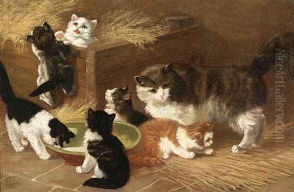 Playful Kittens Oil Painting by Louis Eugene Lambert