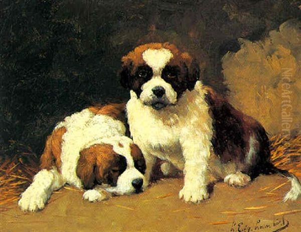 Et Par Sankt Bernhardts Hvalpe Oil Painting by Louis Eugene Lambert