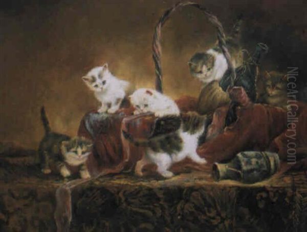 Gatitos Jugando Sobre Una Mera Con Cesto De Mimbre Y Botella Oil Painting by Louis Eugene Lambert