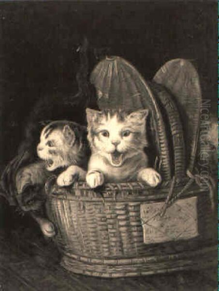 Kittens In A Basket Oil Painting by Louis Eugene Lambert