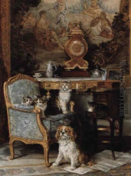 Chats Et Chien Dans Un Salon Xviiie Siecle by Louis Eugene Lambert