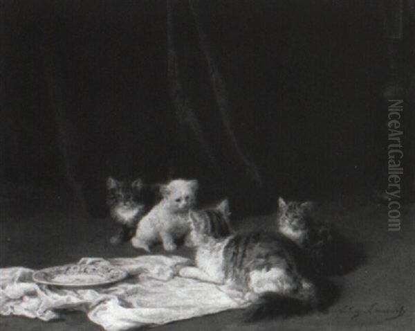 Chatte Et Ses Chatons Oil Painting by Louis Eugene Lambert