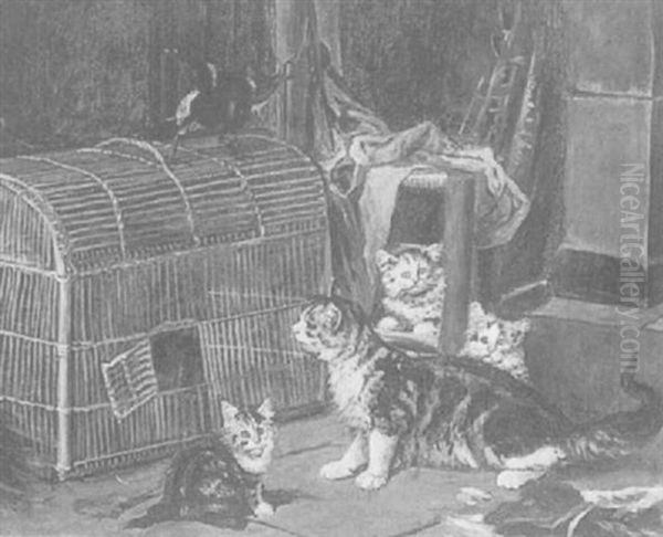 Kittens And A Magpie Around A Cage Oil Painting by Louis Eugene Lambert