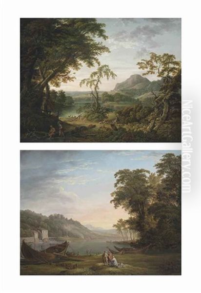 An Extensive Italianate Landscape With A Shepherd And His Flock By A River; And An Extensive Italianate River Landscape With Figures Loading Cargo Into A Boat Oil Painting by George Lambert