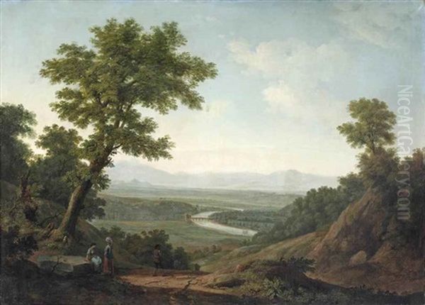 An Extensive Mountainous Landscape With Two Women Conversing And A Cowherd With His Cattle, A River In A Valley Beyond Oil Painting by George Lambert