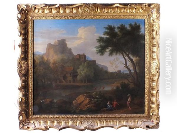 A Classical Landscape With Fishermen And Other Figures Oil Painting by George Lambert