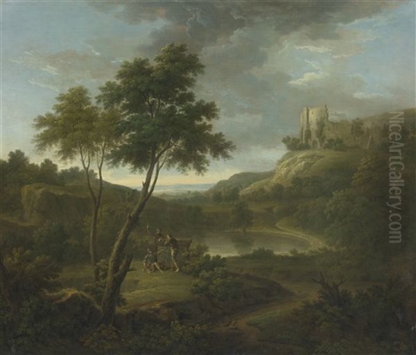 Capriccio With A Classical Sarcophogus And Possibly Beeston Castle, Chesire Oil Painting by George Lambert