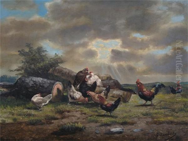 Chickens In A Landscape (+ Another; Pair) Oil Painting by George Lambert