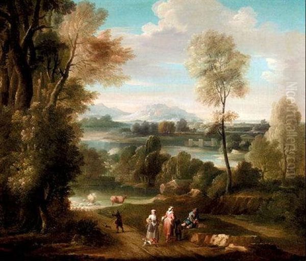 An Extensive Wooded River Landscape With Figures On A Path And A Drover With His Cattle Beyond Oil Painting by George Lambert