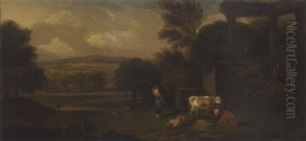 A Shepherdess With Cattle And Sheep In A Classical Landscape Oil Painting by George Lambert