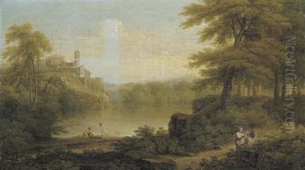 An Italianate Wooded Lakeside Landscape With Figures In The Foreground And A Town On A Hill Beyond Oil Painting by George Lambert